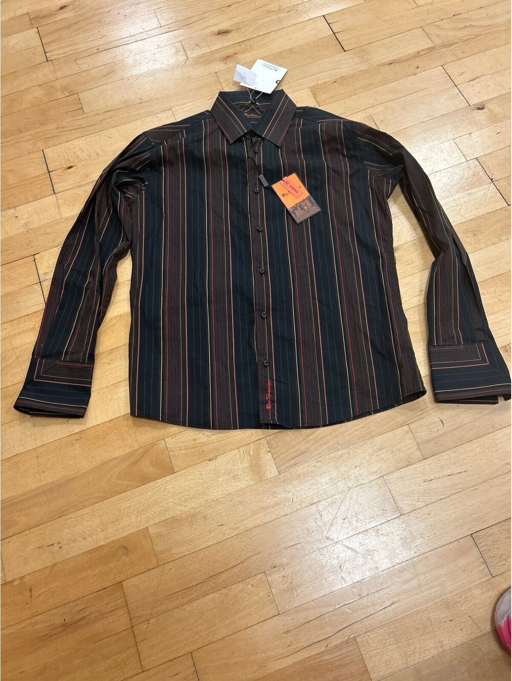 New Ben Sherman Black Button Down Dress Shirt w Vibrant Pinstripes